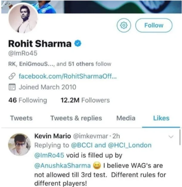 Rohit Sharma’s X Handle where he liked a tweet against Virat Kohli’s wife.