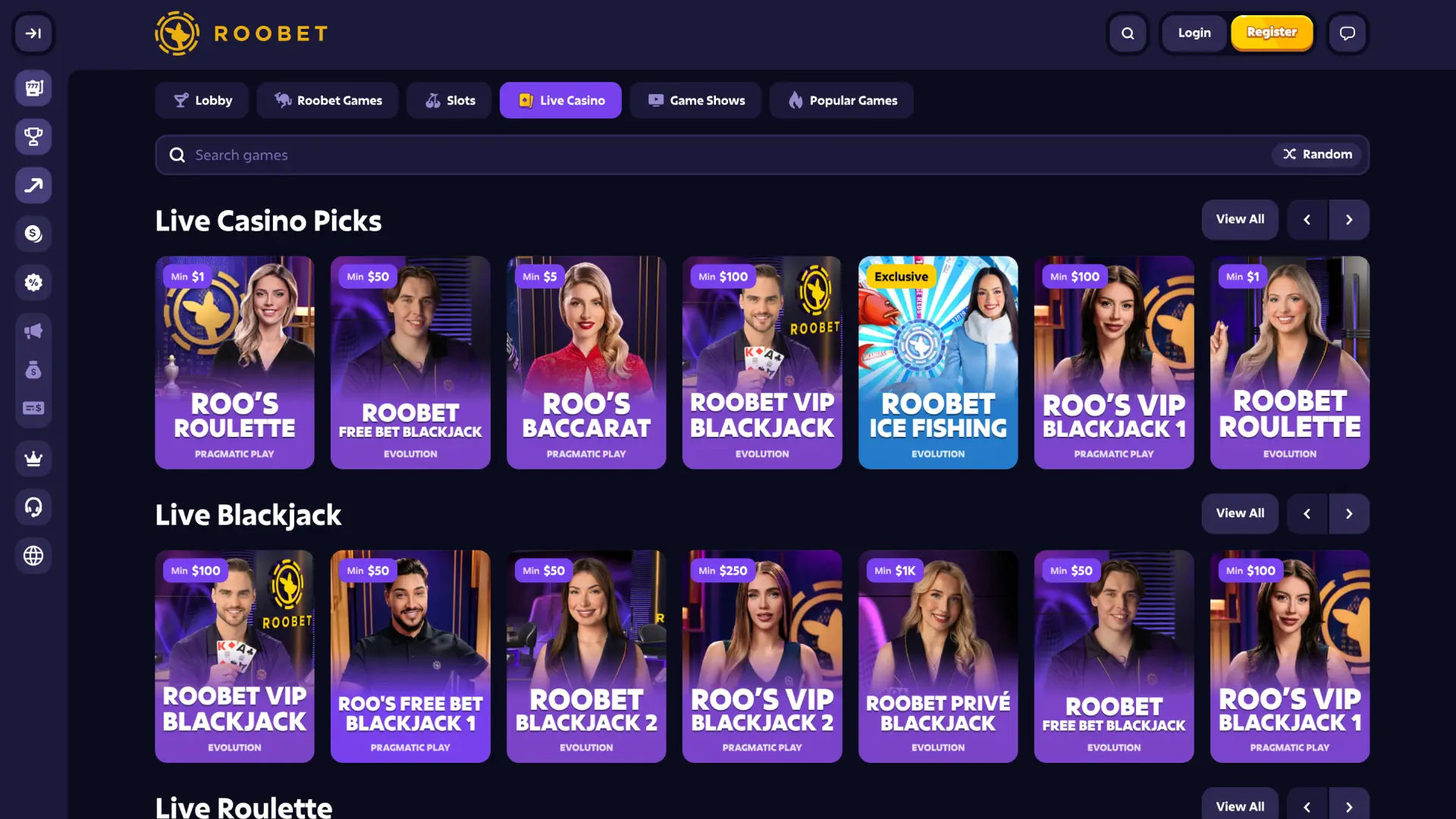 Live Casino and Game Shows.