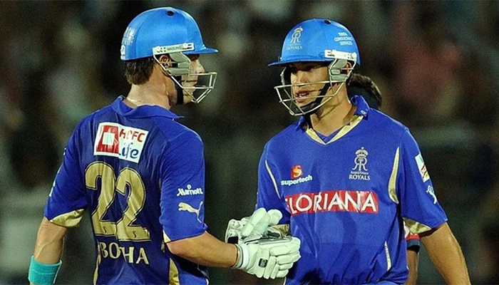 Ross Taylor and Johan Botha batting together for the Rajasthan Royals team.