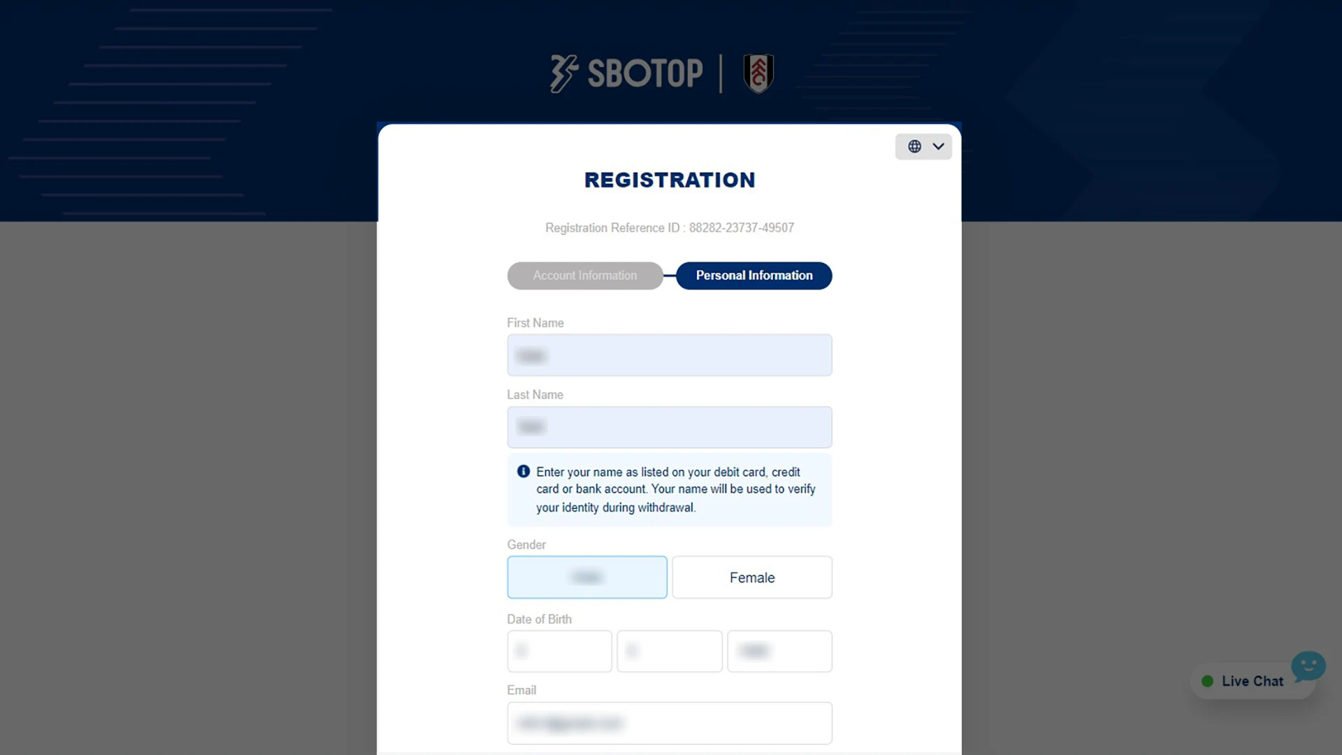 Complete your registration on the SBOTOP website.