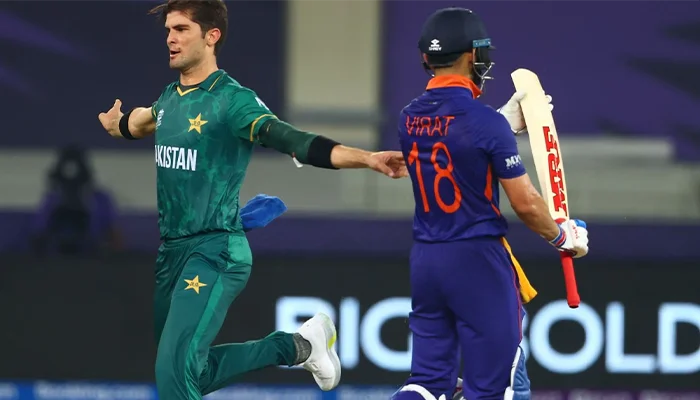 Shaheen Shah Afridi celebrating after dismissing Virat Kohli.