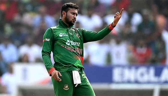 Shakib Al Hasan celebrating after taking a wicket.