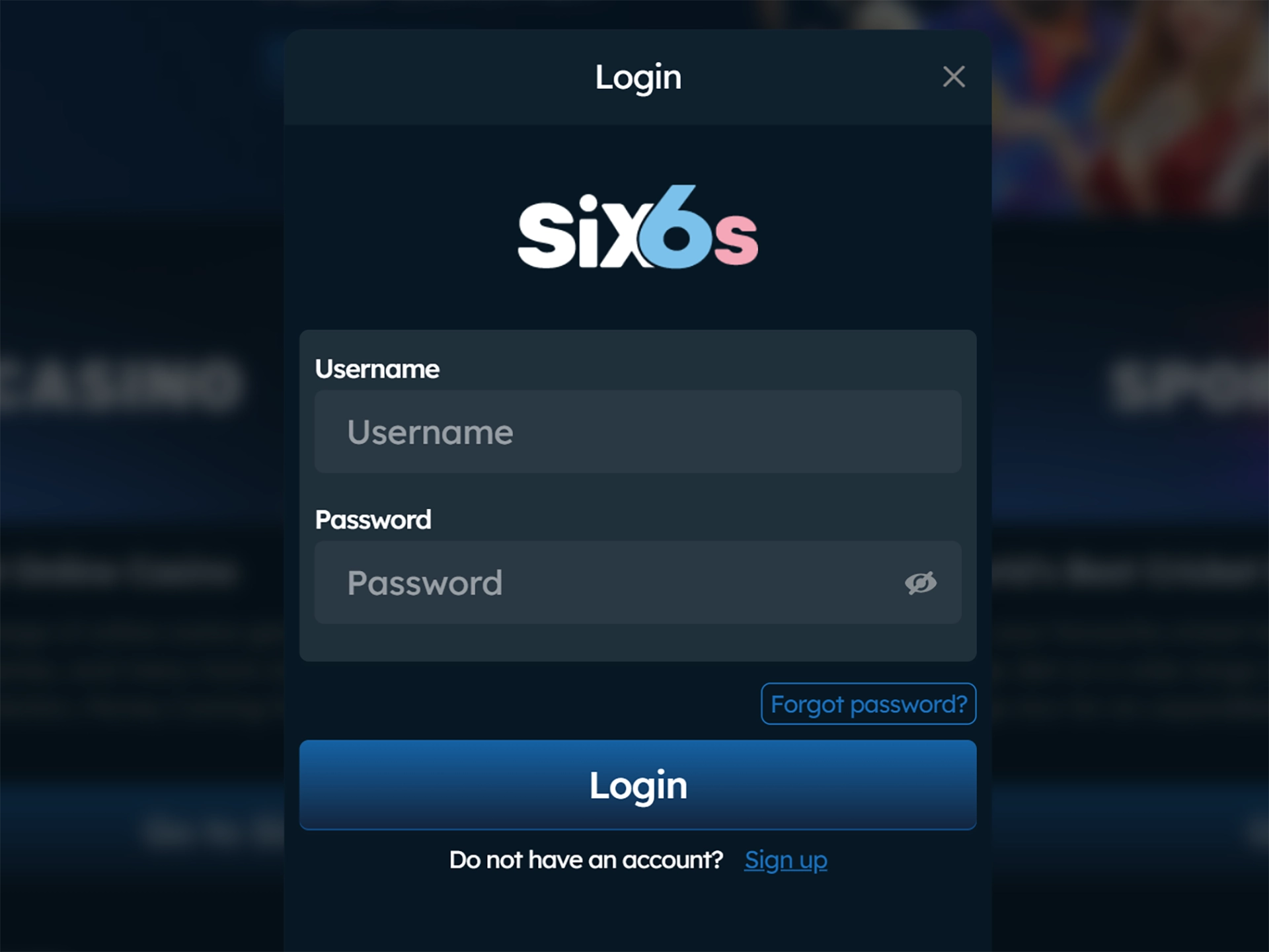 Enter your username and password to access your Six6s account.