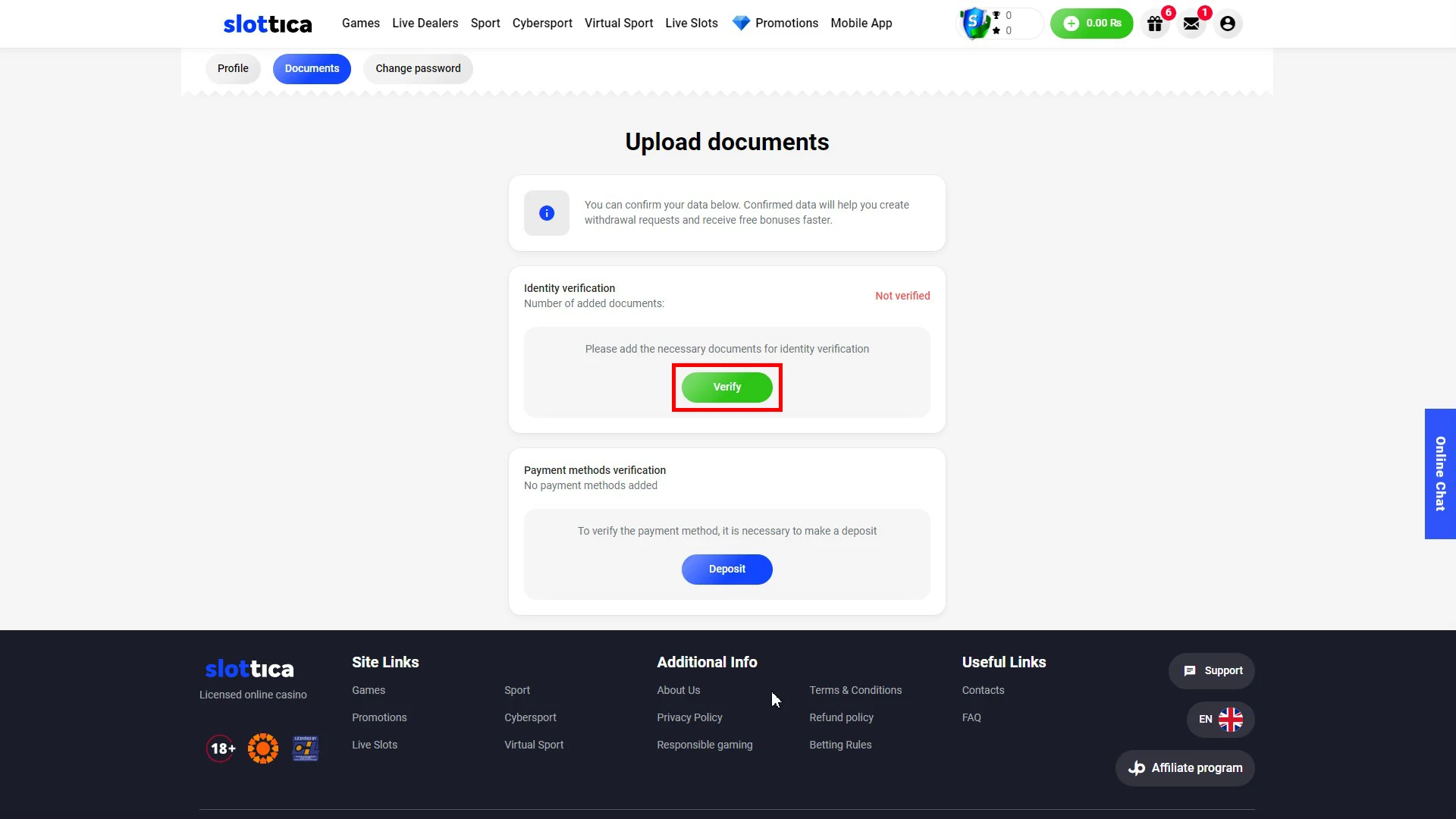 Go through the verification process on the Slottica website.