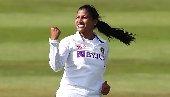 Sneh Rana after taking a wicket in the Test match against England Women.