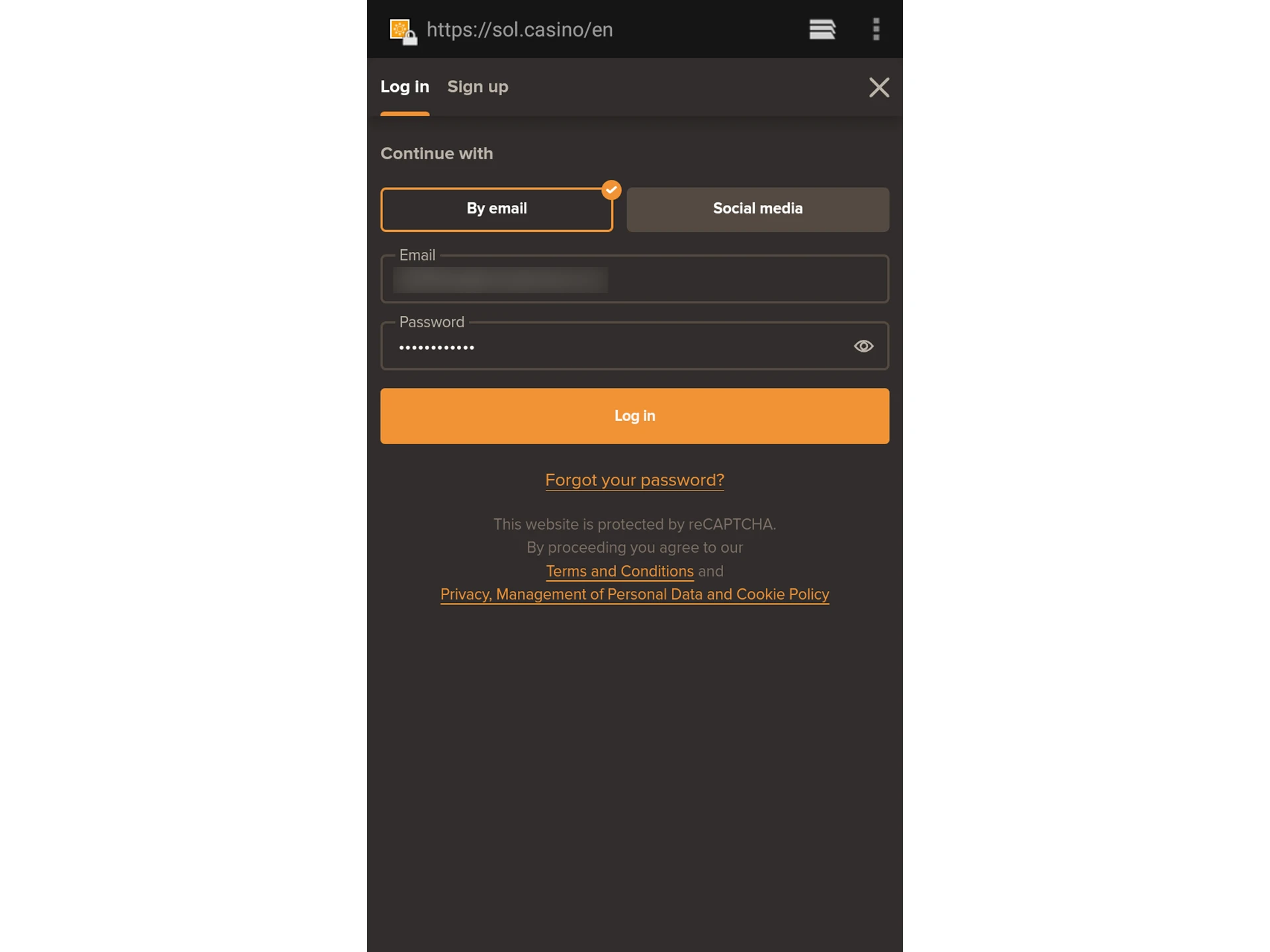 Log in to your SOL Casino account.