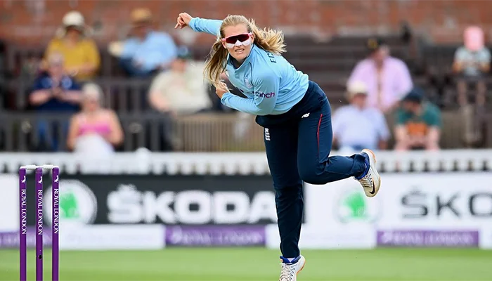 Sophie Ecclestone playing for England.