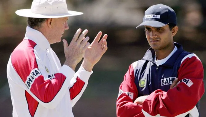 Sourav Ganguly and Greg Chappell in a discussion during India’s team practice.