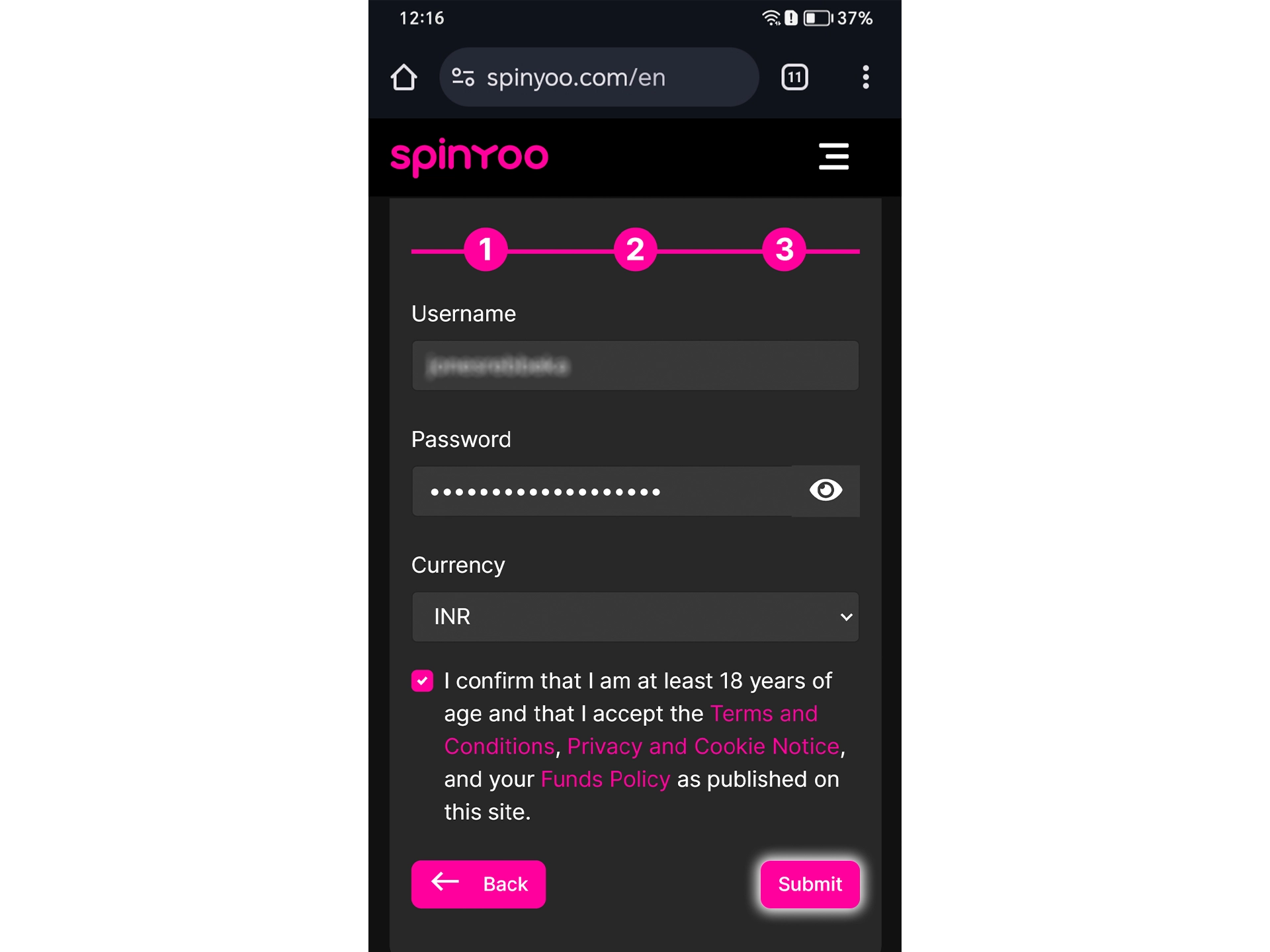 Enter your details and confirm the creation of your Spinyoo account.