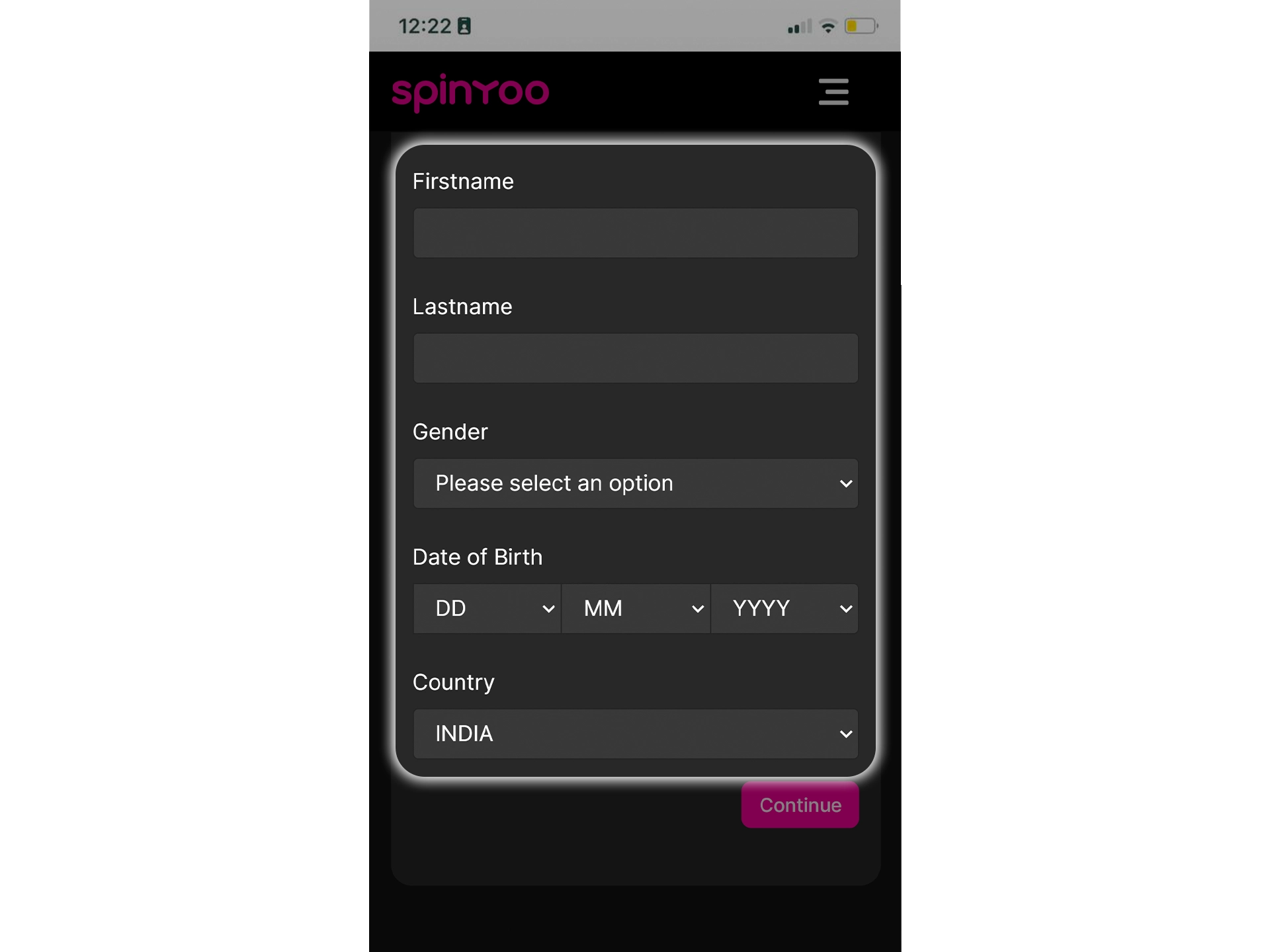 Enter the details you need to create a Spinyoo account.