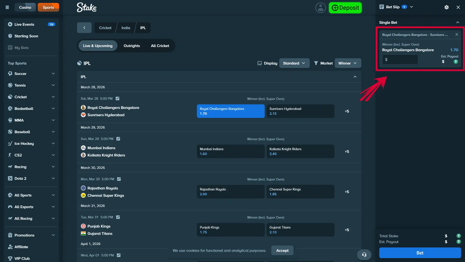 Select a market, enter your stake amount in the bet slip, and confirm the bet.