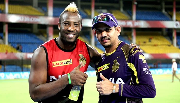 Sunil Narine and Andre Russell playing for KKR in the Indian Premier League.