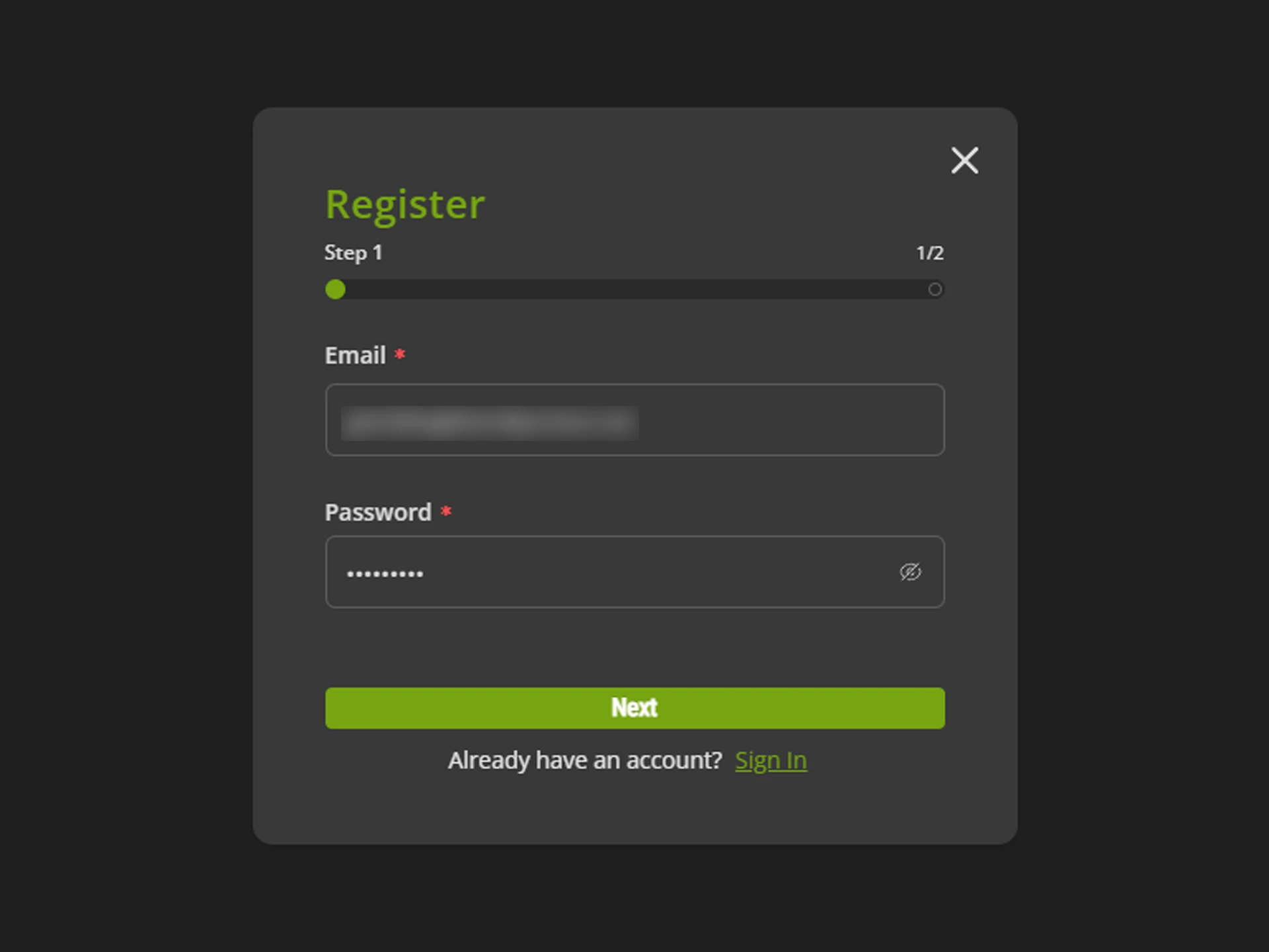 Enter your email address and password to continue registering on the Suprabets website.