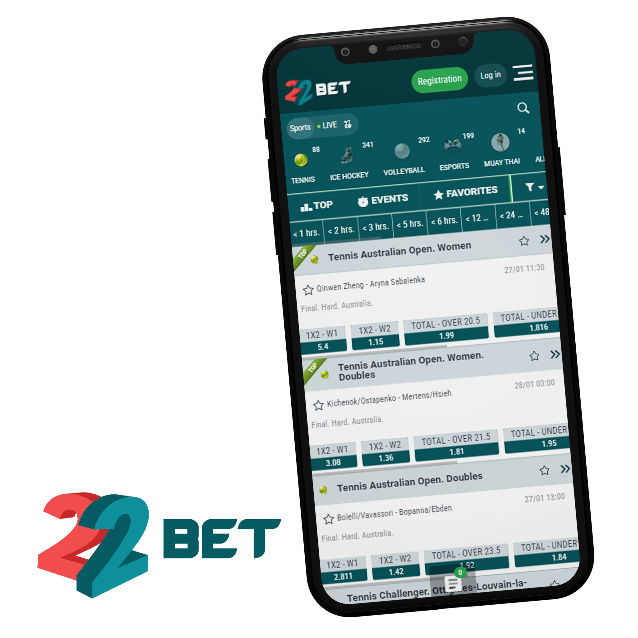 Online tennis betting is available for 22bet app users.