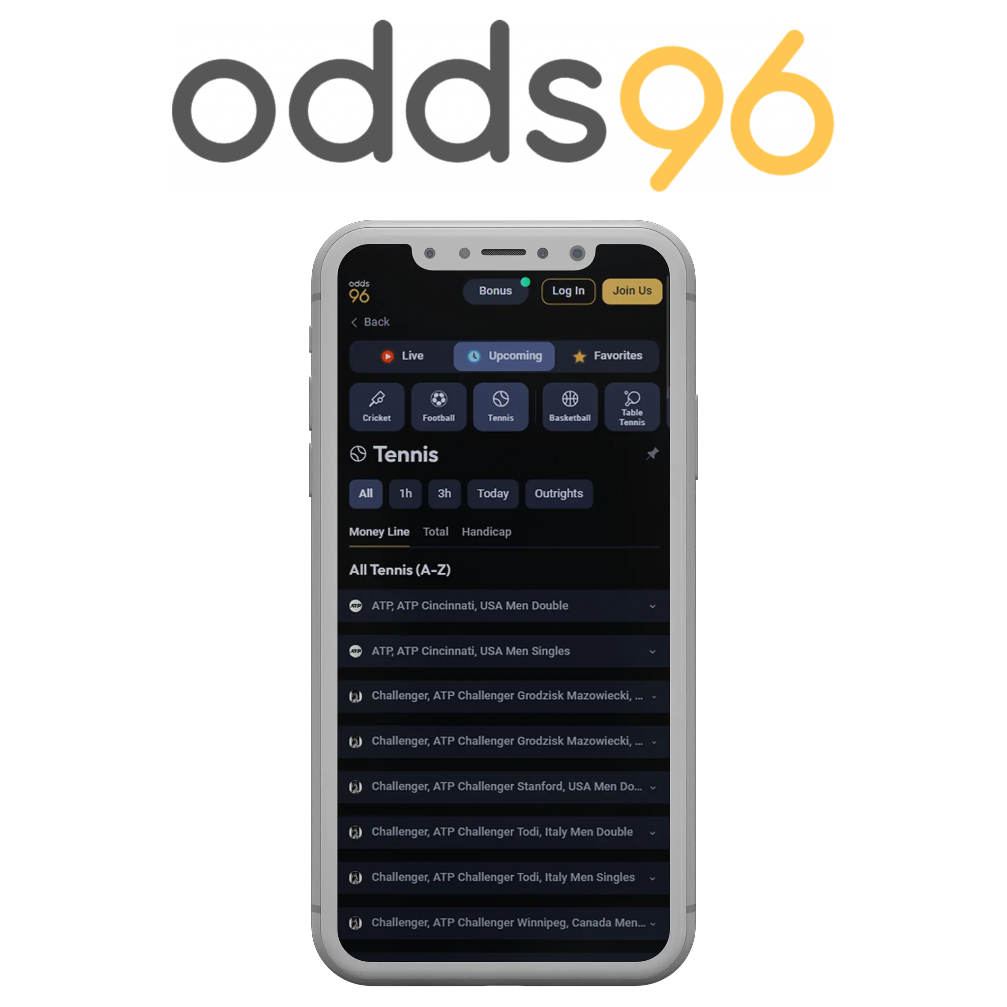 Odds96 mobile app is very convenient to place bets on tennis.
