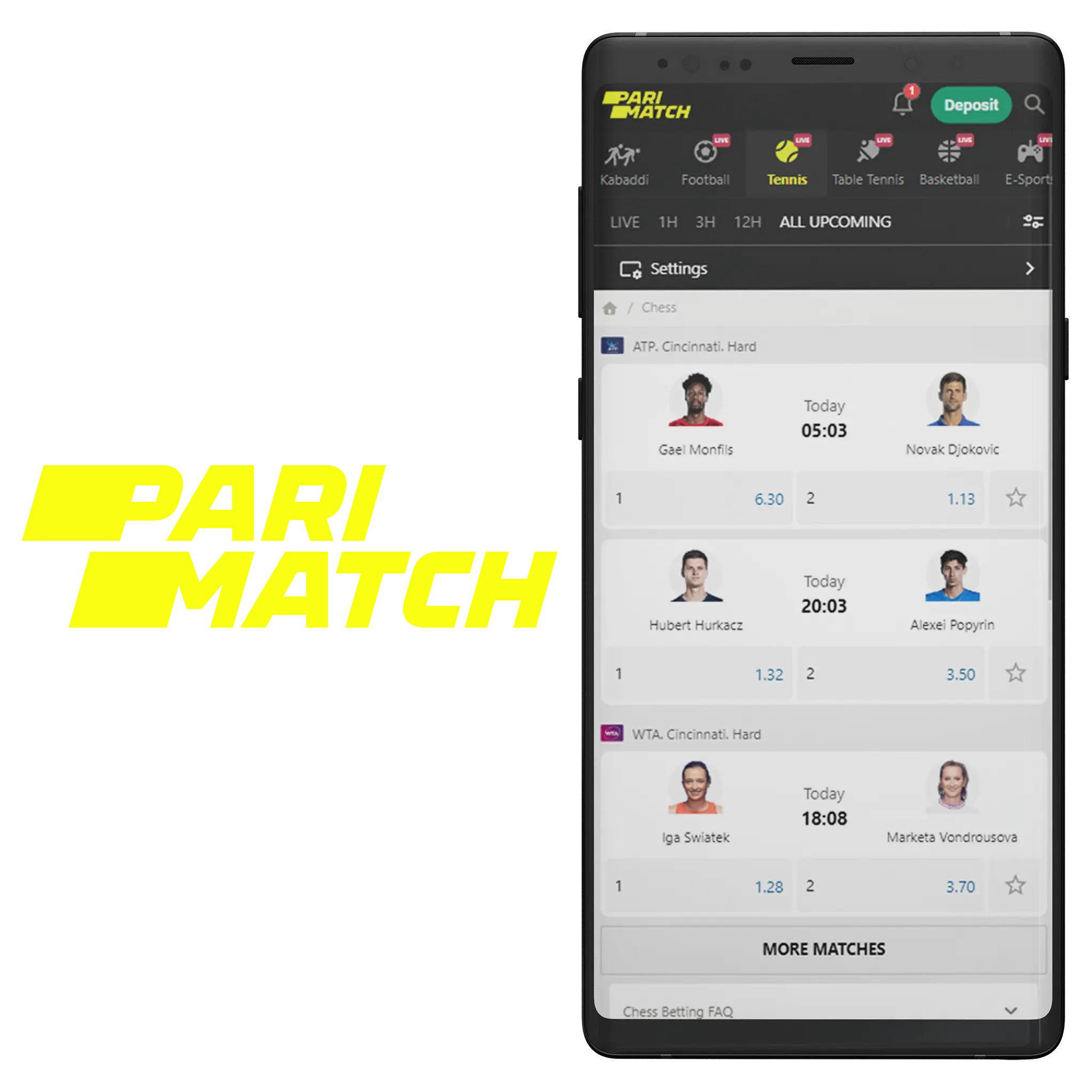 Parimatch mobile app is considered the best tennis betting app in India.