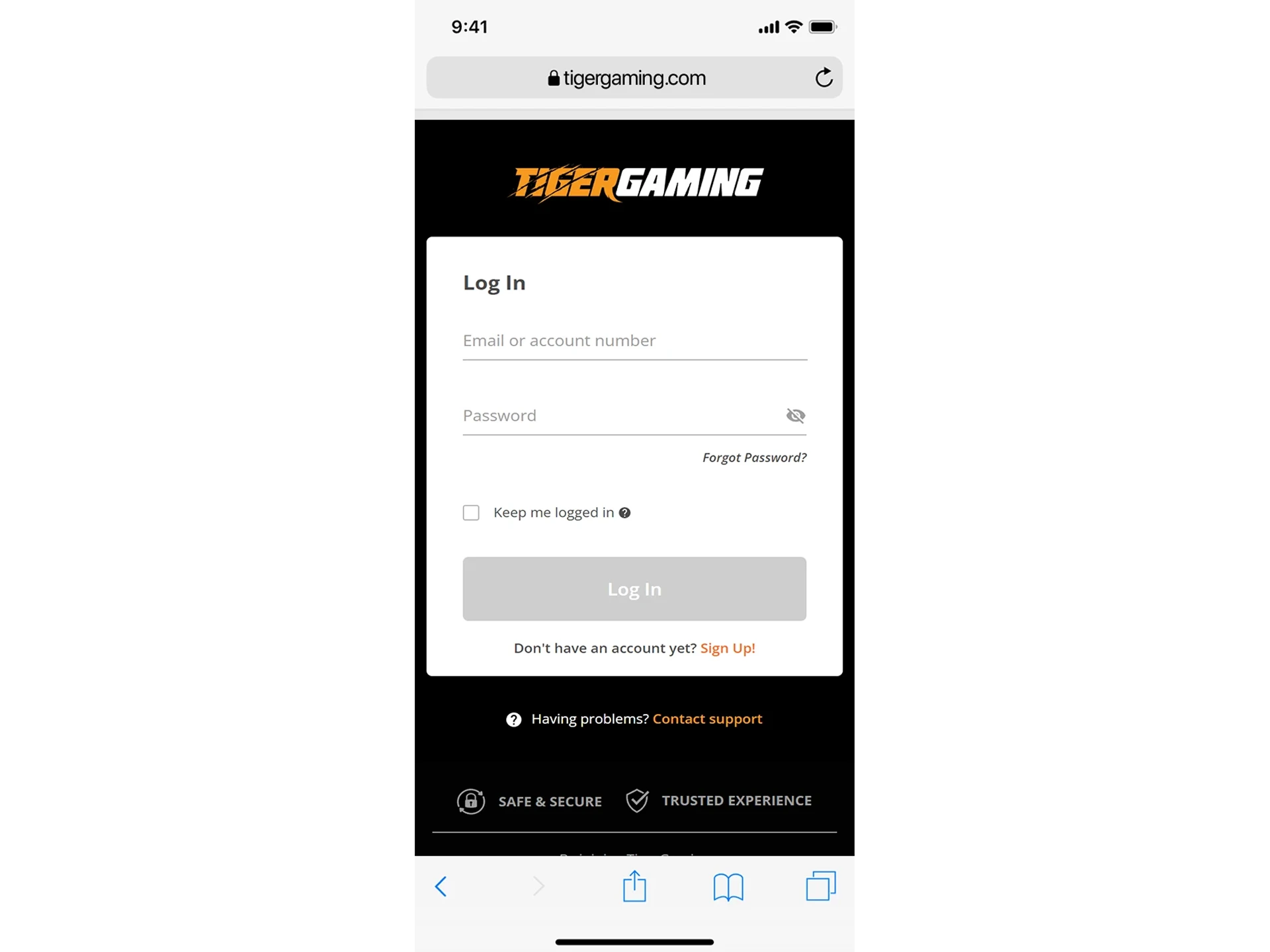 Create an account on the Tiger Gaming website.