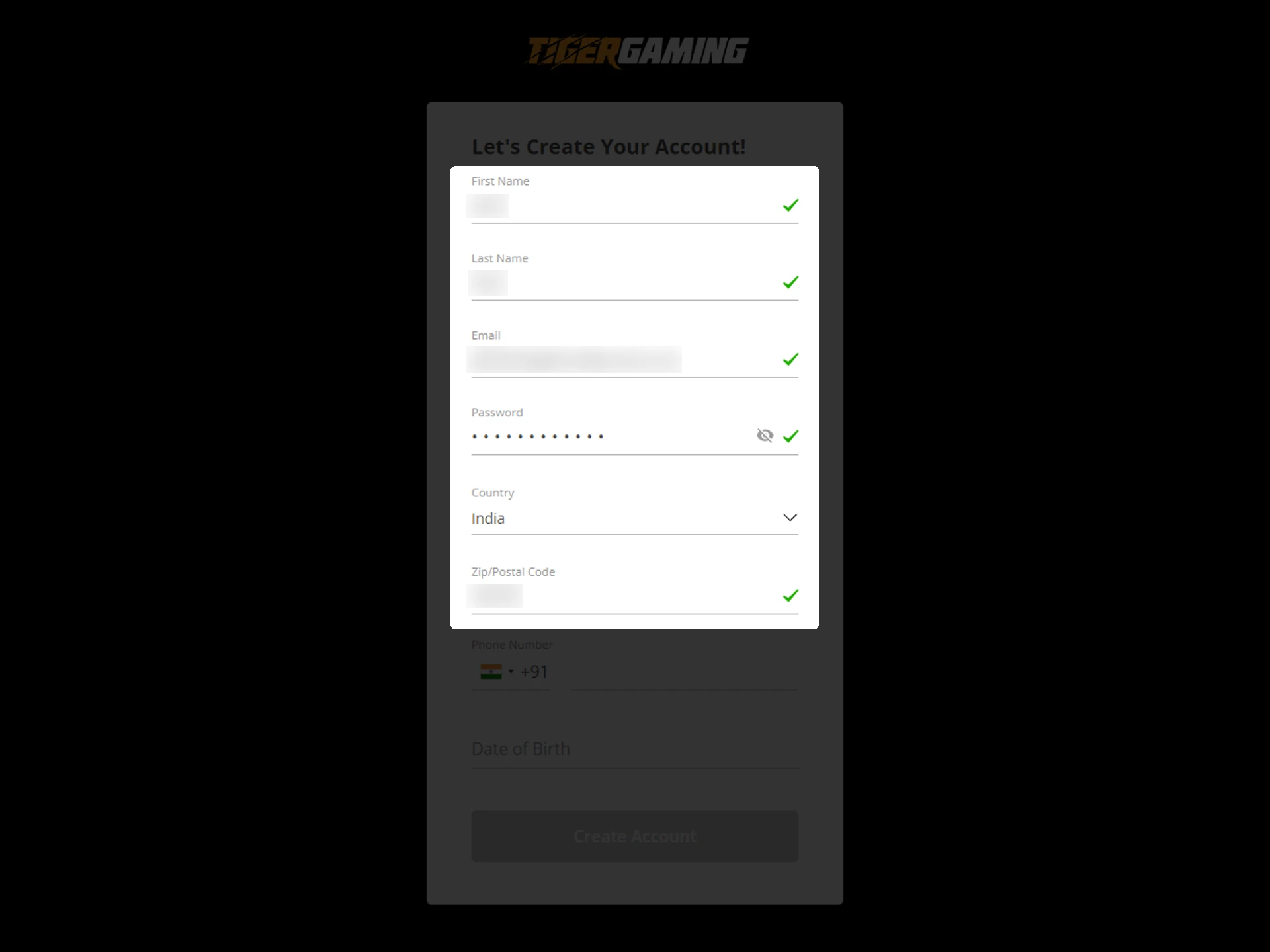 To register on the Tiger Gaming website, please enter your personal information.