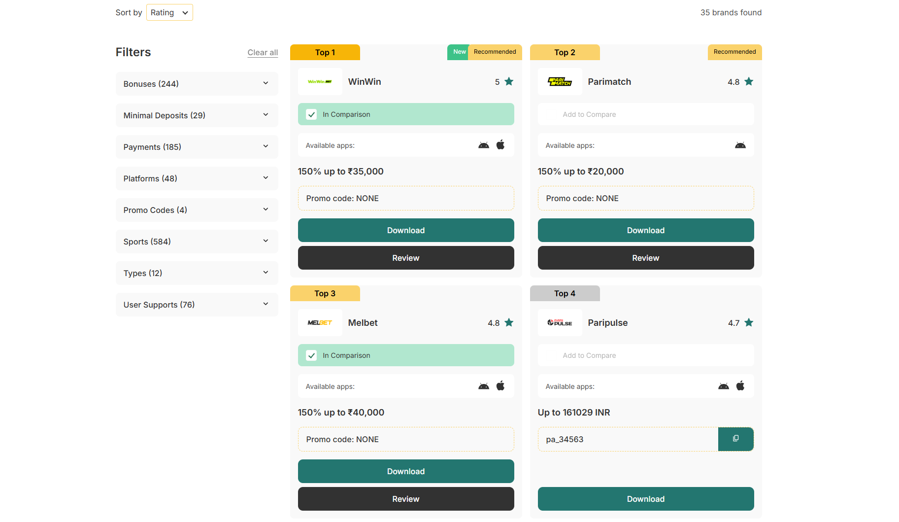 The filter panel: payment methods, minimum deposits, bonuses and individual sports