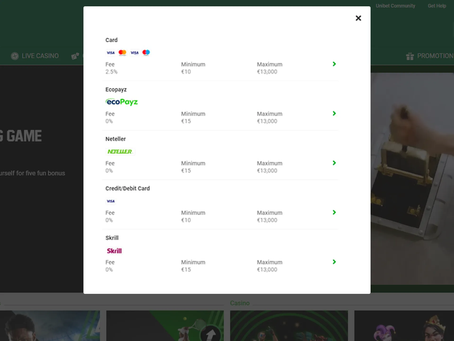 Deposit funds into your Unibet account.