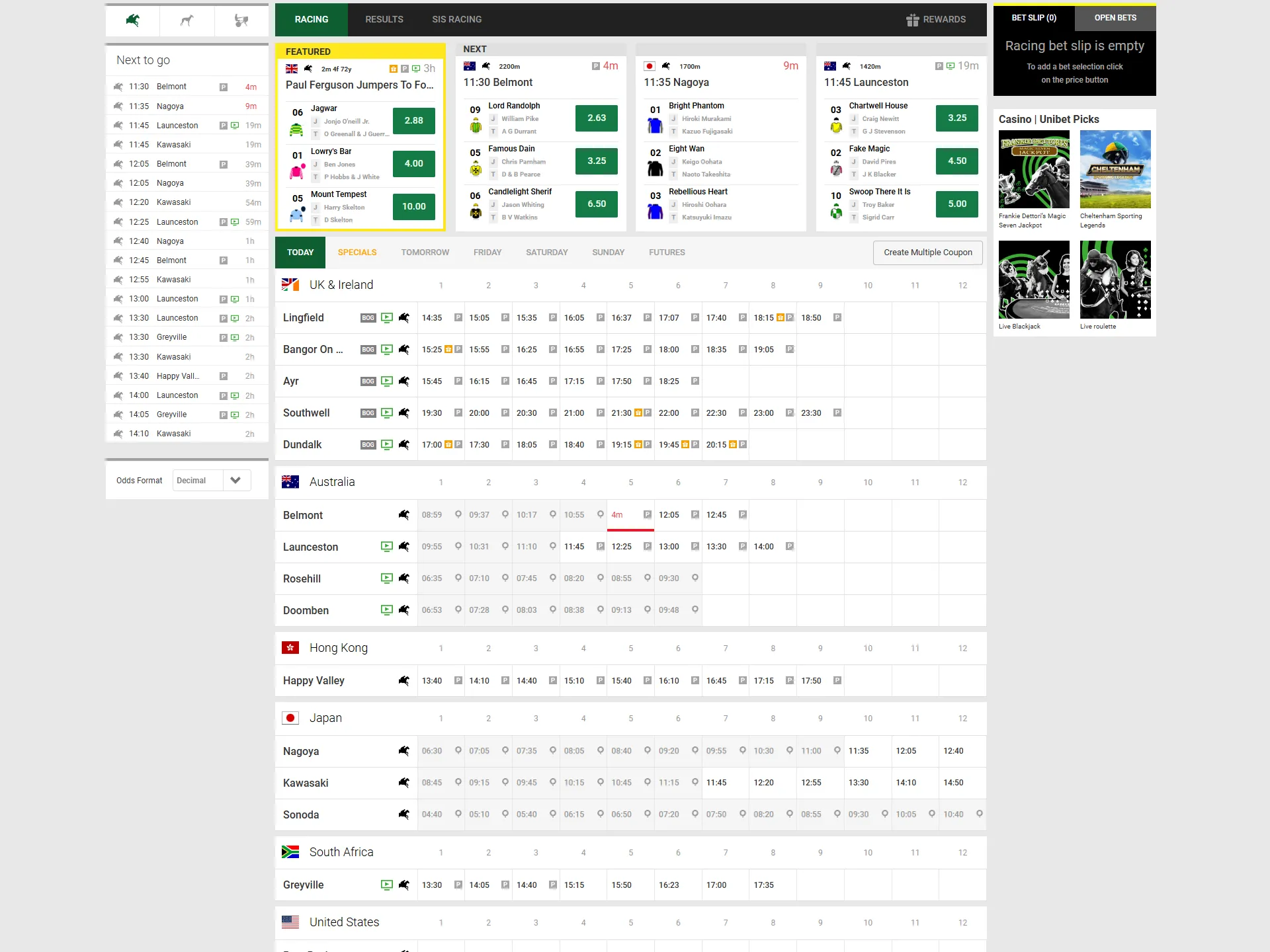 Select the horse race you want to bet on at Unibet.