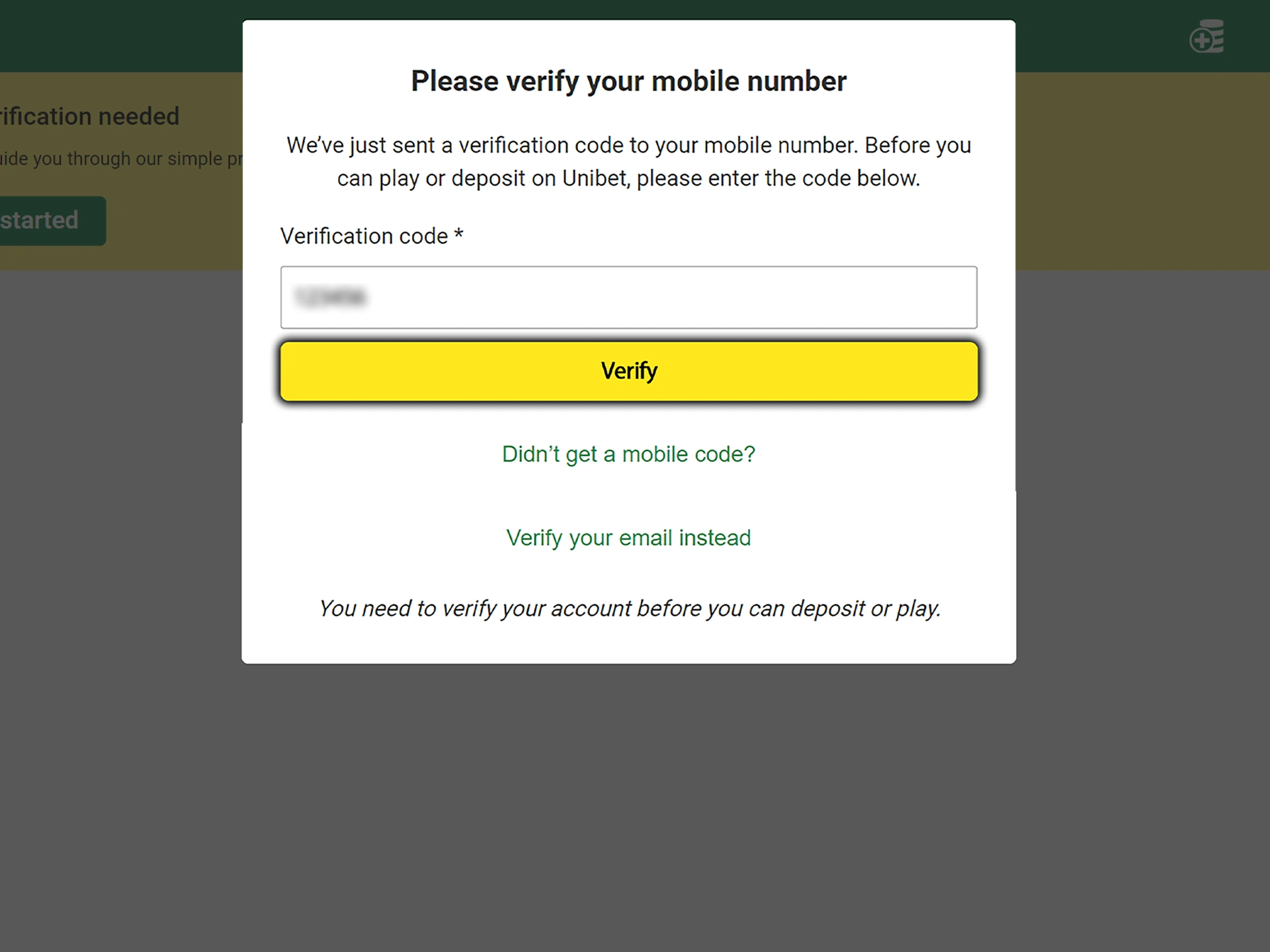 Go through the process of verifying your phone number at Unibet.