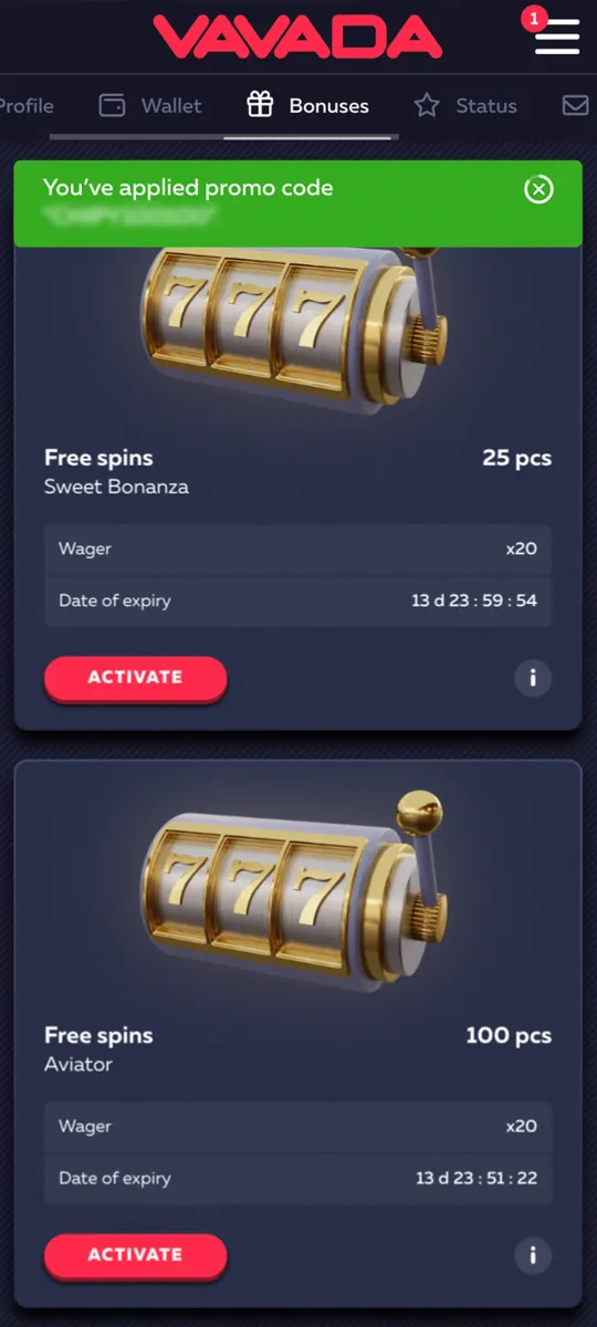 Vavada bonus