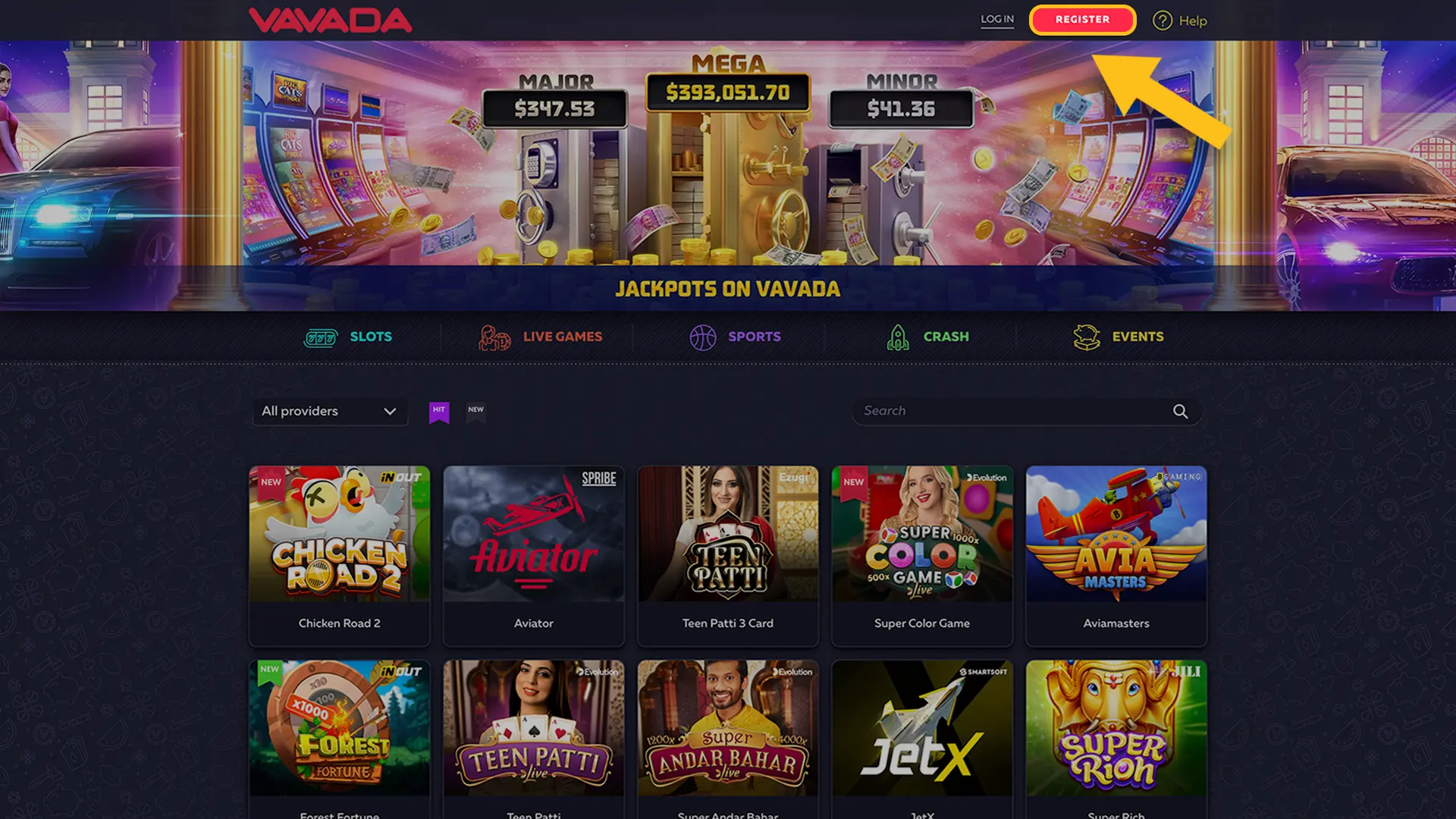 Click the “Register” button on the Vavada Website.