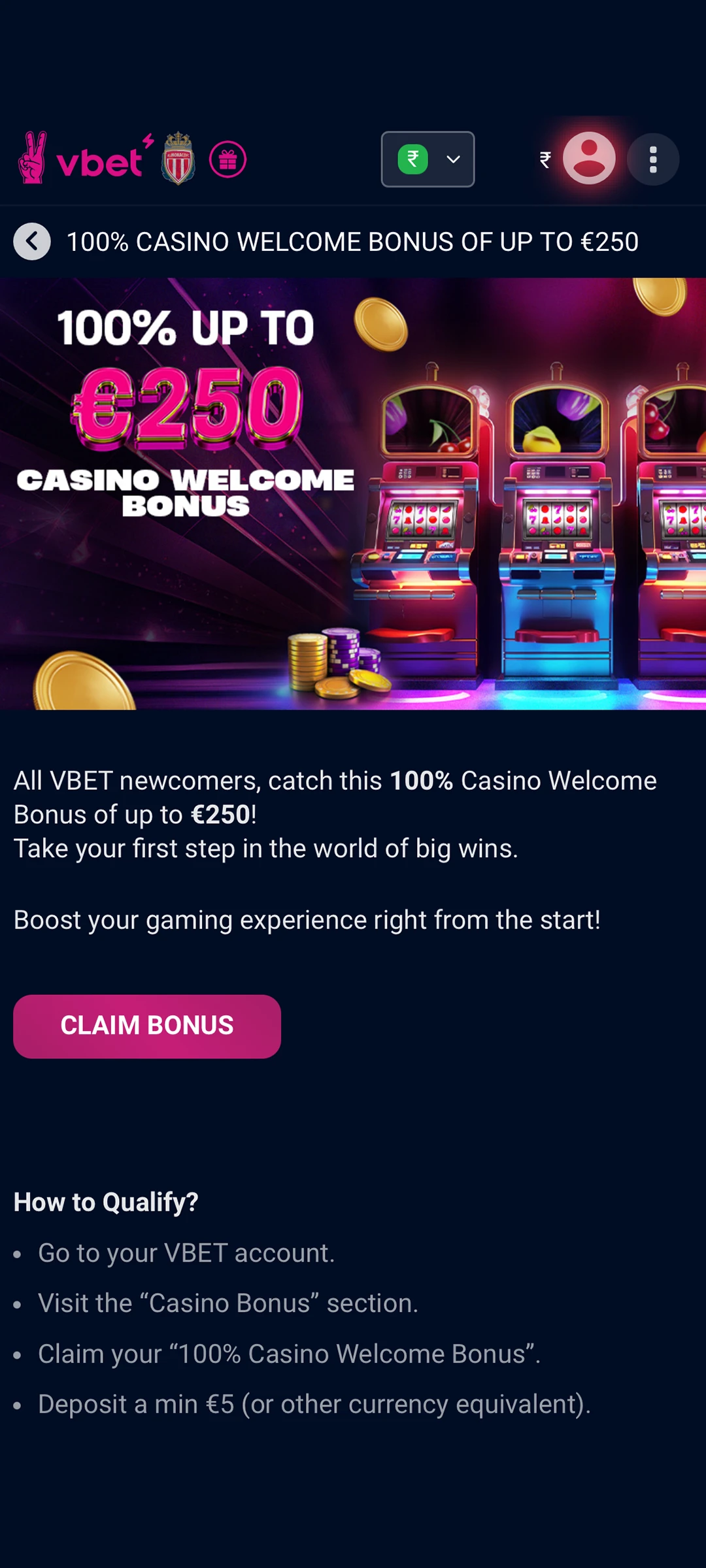 Vbet bonus page.
