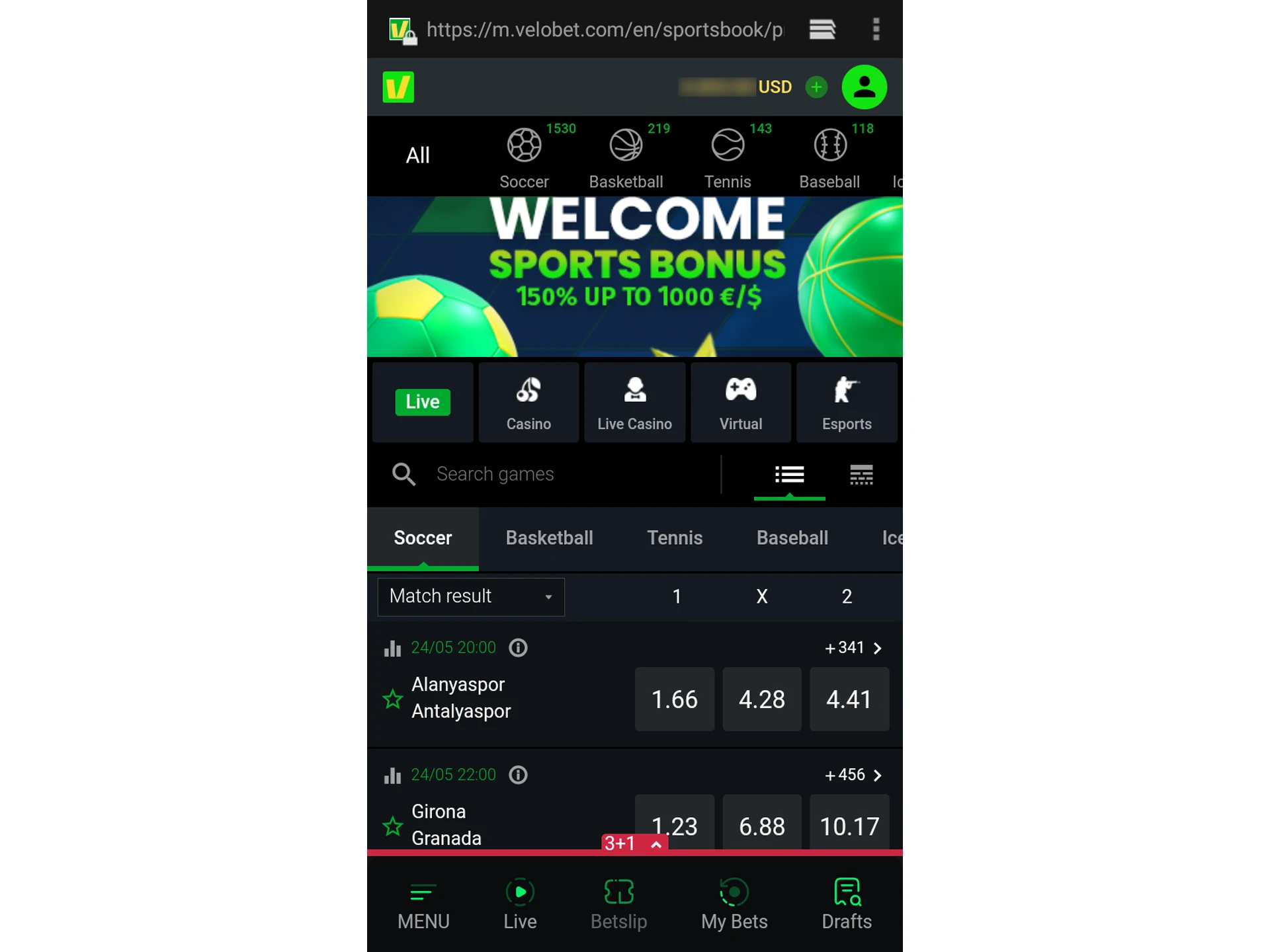 Play your favorite casino games and bet on sports with Velobet.