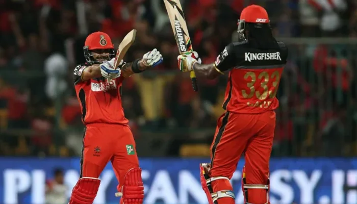 Virat Kohli and Chris Gayle during their 147 runs partnership against Punjab Kings.