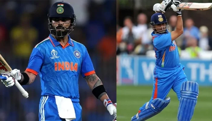 Virat Kohli and Sachin Tendulkar playing for the Indian team.