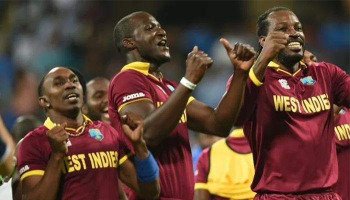 West Indies cricket team doing their CHAMPION celebration.