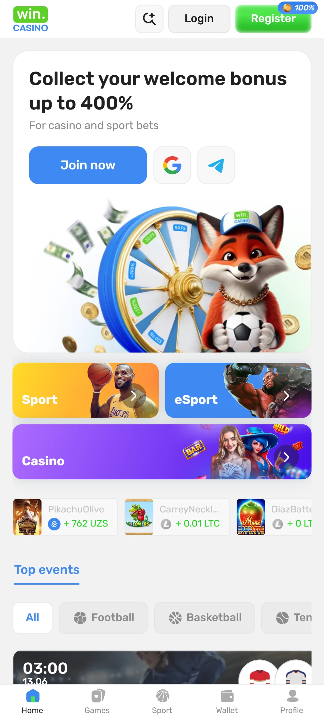 Win.Casino Mobile Website.