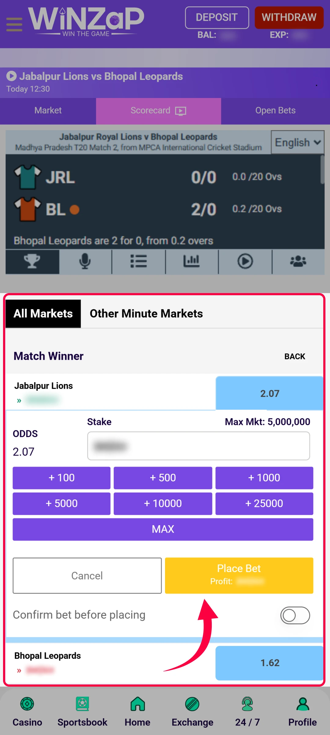 Explore Betting Options and Place Your Bet.