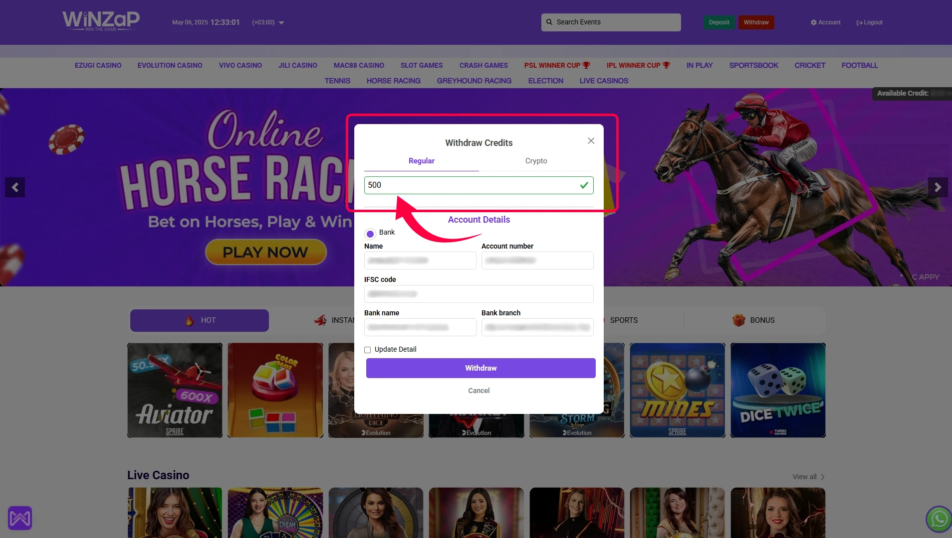The minimum withdrawal is ₹500, with no maximum limit.