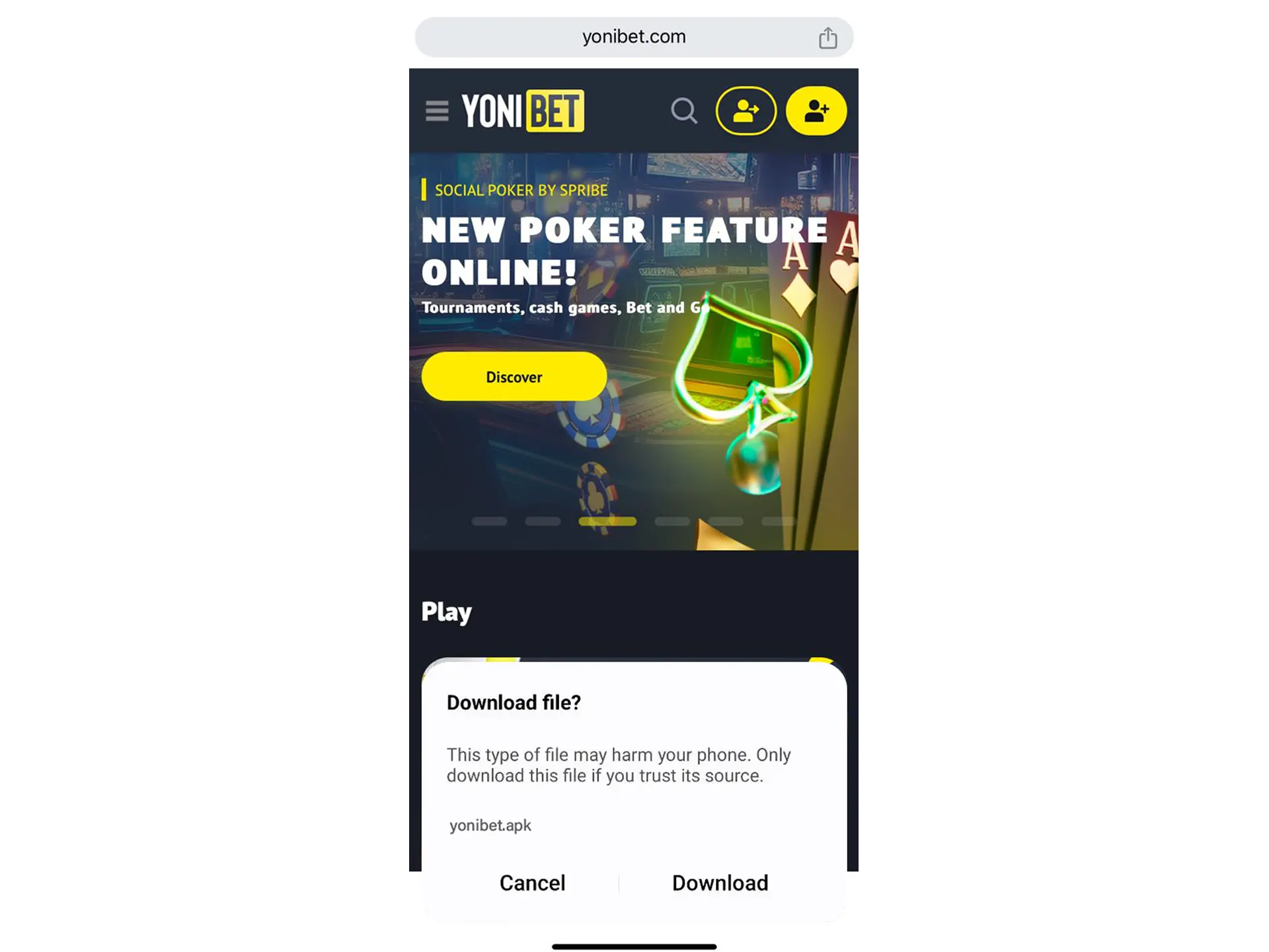 Download the Apk file on the Yonibet website.