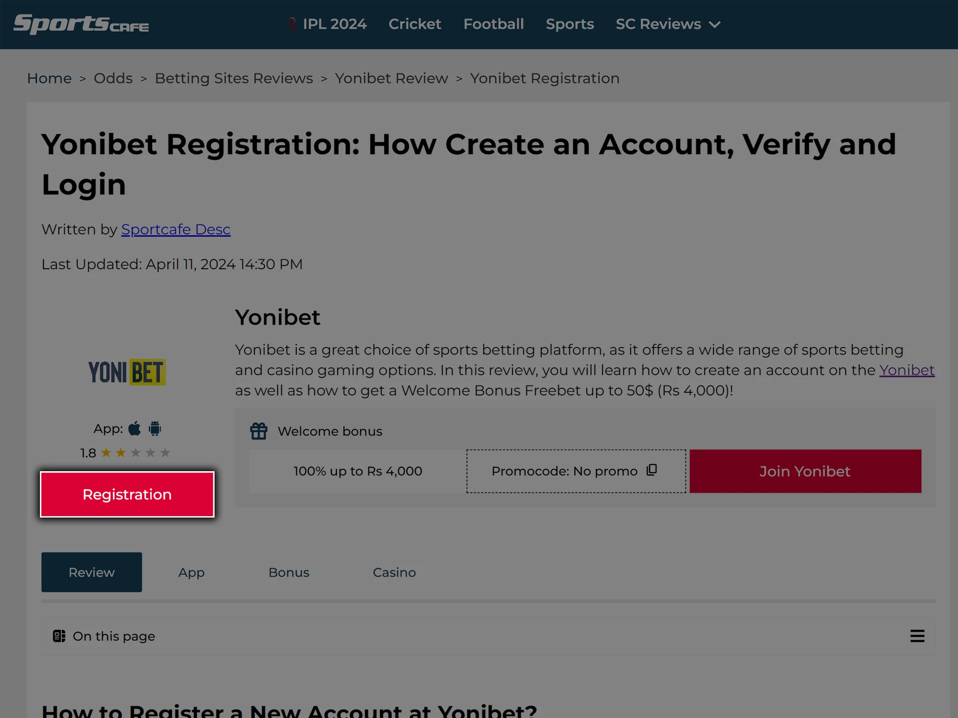 Click on the button in the review header to open the Yonibet website.