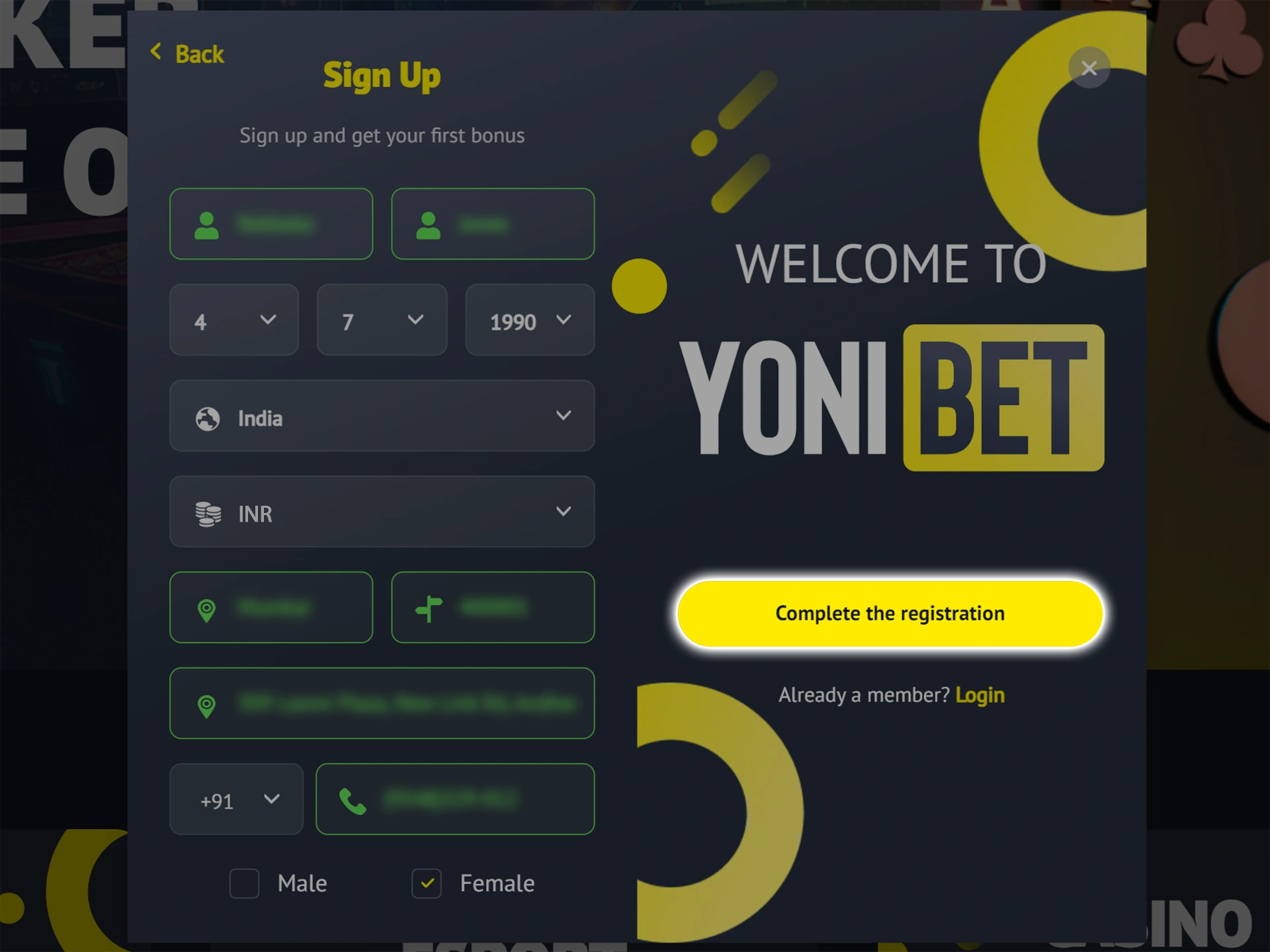 Confirm the creation of your Yonibet account.