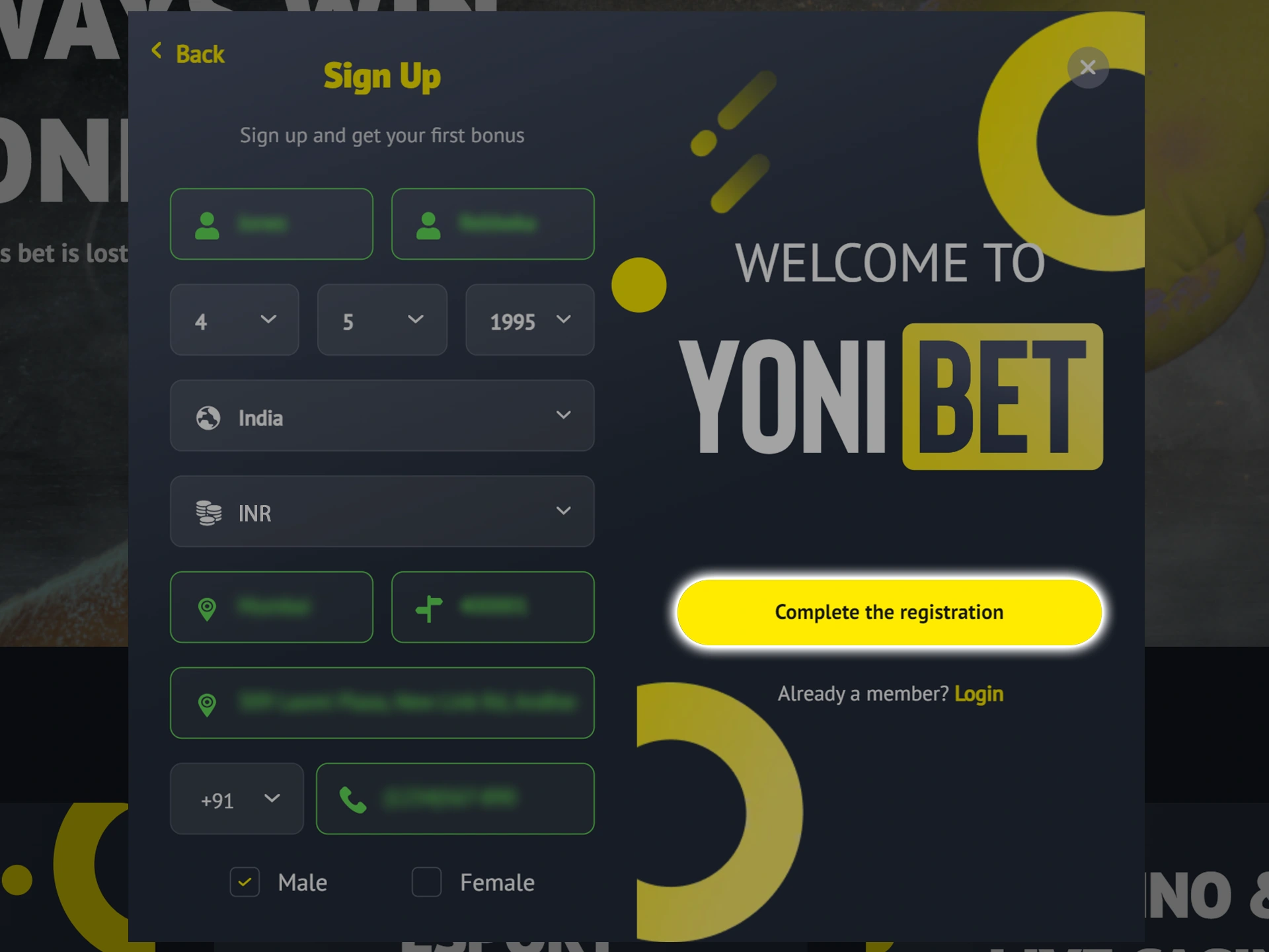 Click on the button to confirm registration on the Yonibet website.