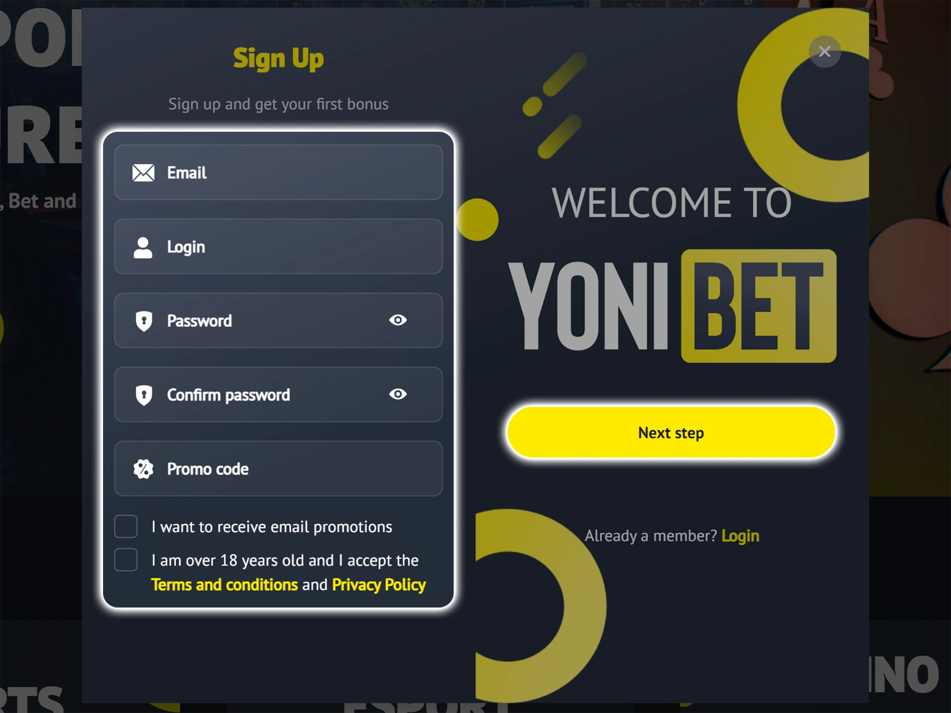 Enter all the information required to create a Yonibet account.