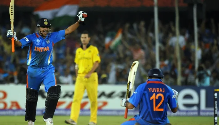 Yuvraj Singh and Suresh Raina celebrating after knocking out Australia from the 2011 ODI World Cup.