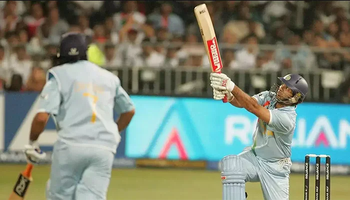 Yuvraj Singh smashing a six in that famous 6 sixes in an over of Stuart Broad.