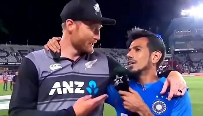 Yuzvendra Chahal and Martin Guptill in the post-match interview.